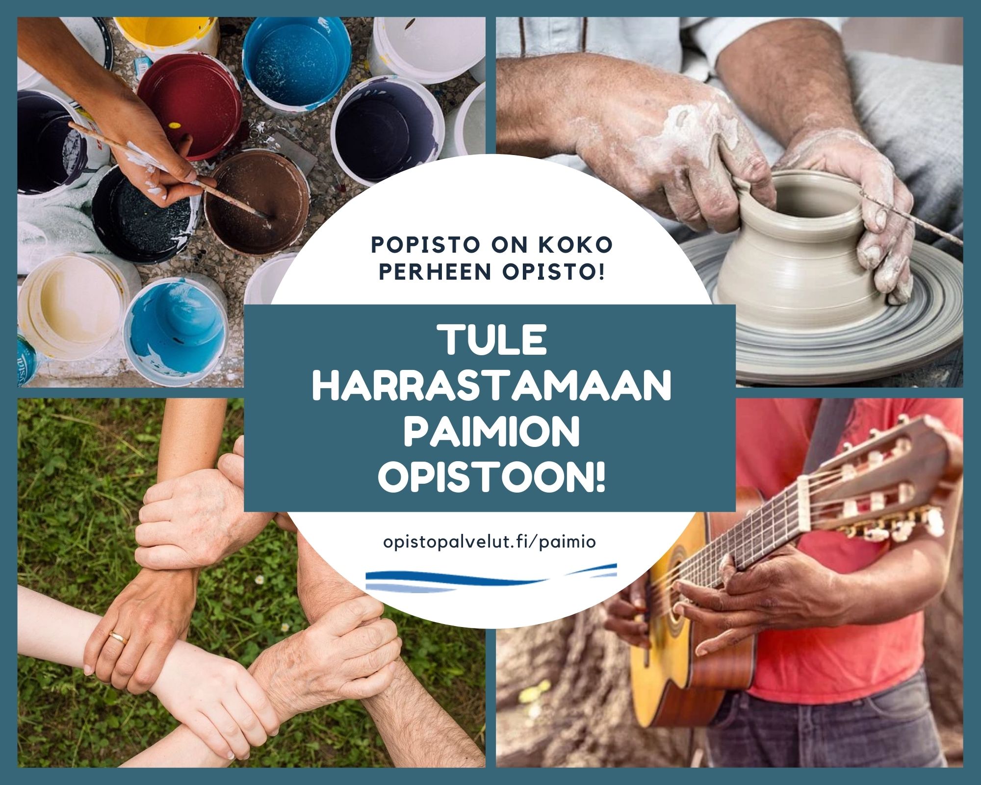 Paimion opisto mainos, jossa kerrotaan että Tule harrastamaan Paimion opistoon. Mainoksessa neljä pikkukuvaa, jossa kerrotaan harrastusmahdollisuuksista.