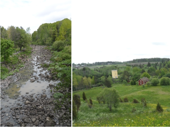 Vasemman puoleisessa kuvassa näkyy Paimionjoen uoma Askalan padon jälkeen ja oikeanpuoleisessa kuvassa perinnemaisemaa Paimionjokilaaksossa.
