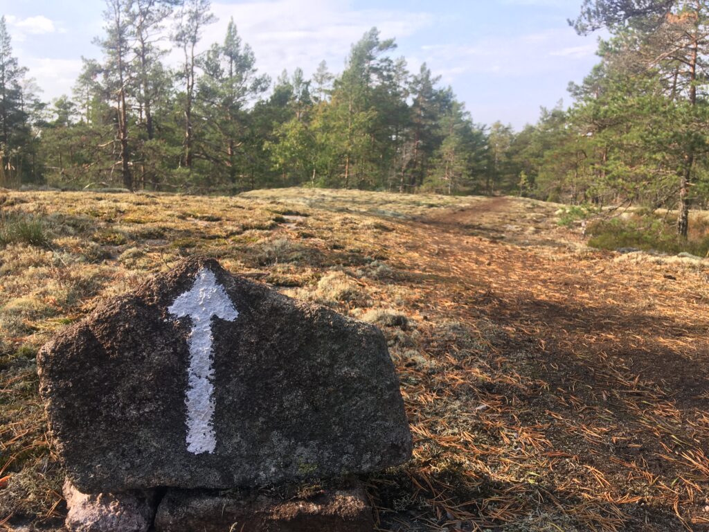 Kiveen maalattu opastenuoli Paimion polun varrelta