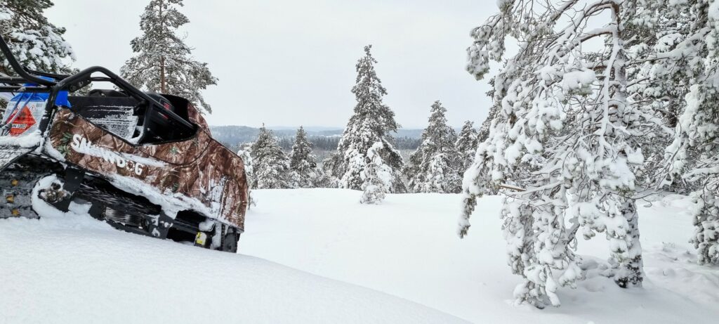 Snow Dog moottorireki talvisessa maisemassa.