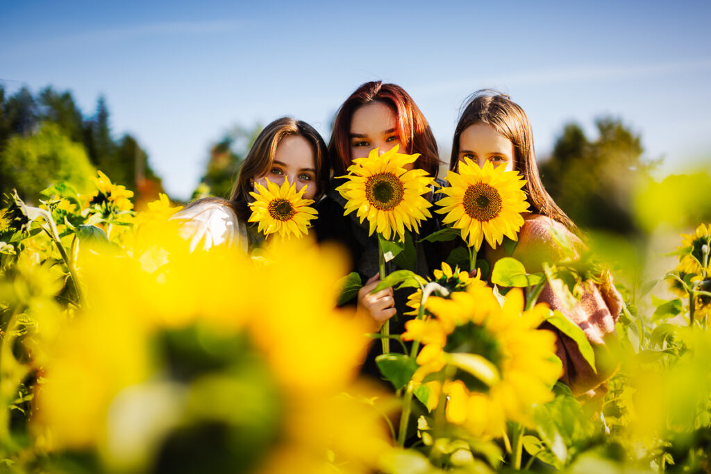 Kolme nuorta naista auringonkukkapellolla.