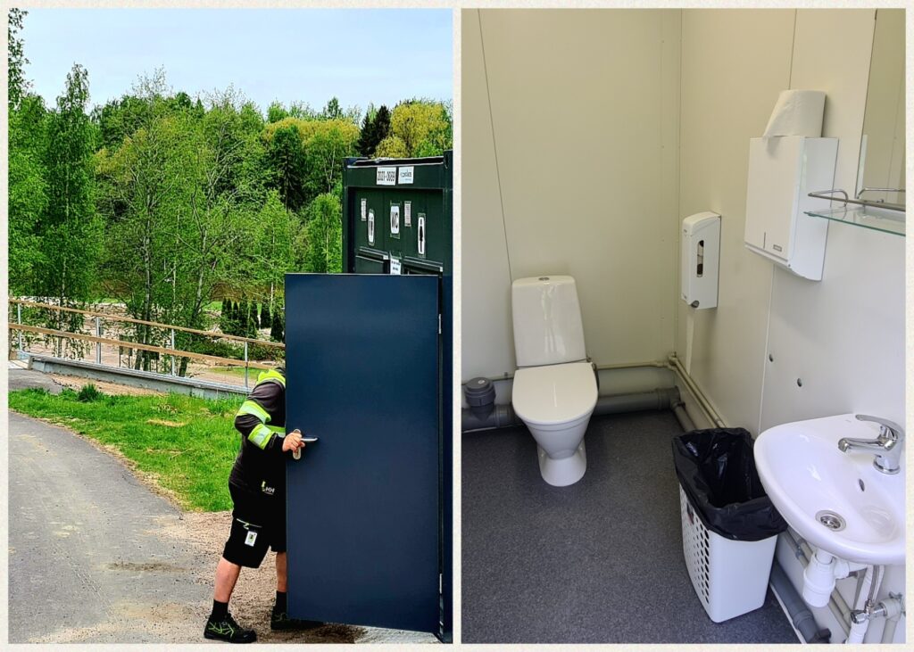 Jokipuiston vessa kuvattuna ulkoa ja sisältä päin.