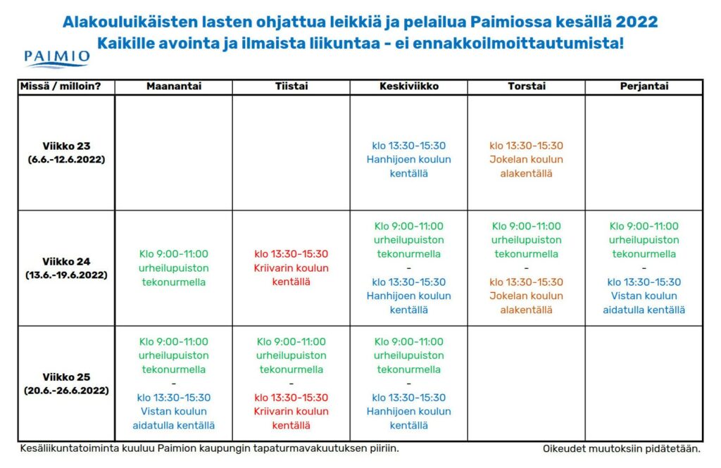 Liikuntapalvelut järjestää kesäliikunnanohjausta paikallisilla urheilukentillä kesällä 2022