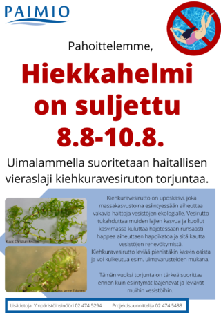 Kiehkuravesiruton torjunta Hiekkahelmessä 8-10.8.2022, uimalampi suljettu.