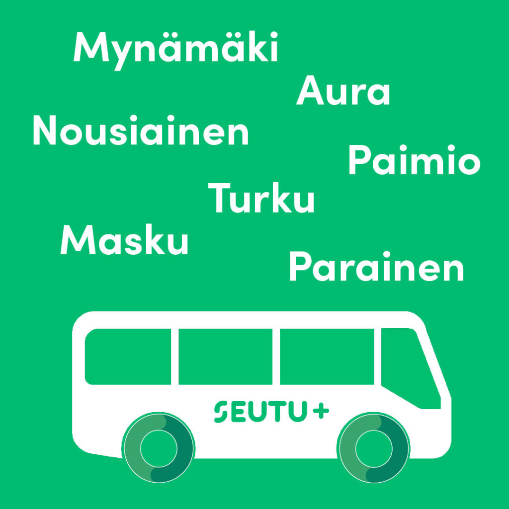 Linja-auto, jonka kyljessä lukee Seutu+ sekä kuntien nimet, jotka Seutu+ -palvelun piirissä.