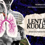 Piirroskuva ihmisen keskivartalosta, punaisella värillä piirretty keuhkot. Lisäksi teksti Lentävä kuolema.