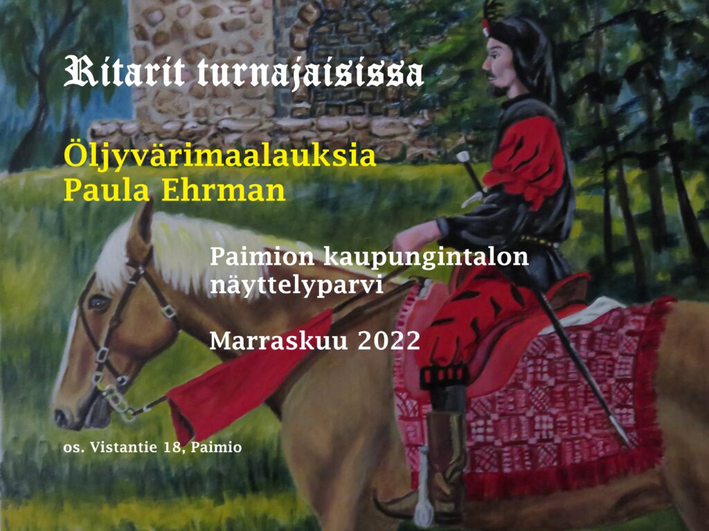 Turnajaisaiheinen öljyvärimaalaus, jossa mies ratsastaa hevosella.