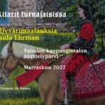 Turnajaisaiheinen öljyvärimaalaus, jossa mies ratsastaa hevosella.