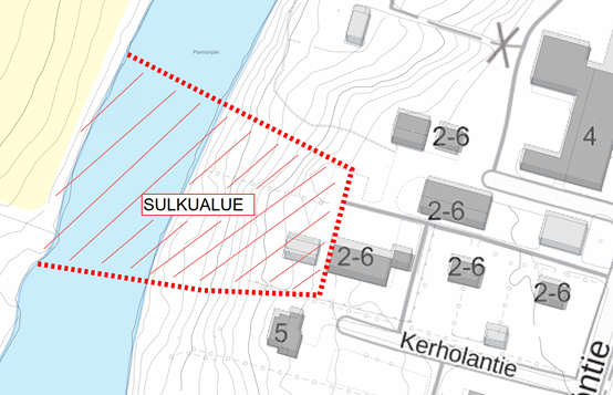 Kartta, johon on merkitty joenpenkan sortumasta johtuva alue, jonka sisäpuolella liikkuminen on ehdottomasti kielletty.