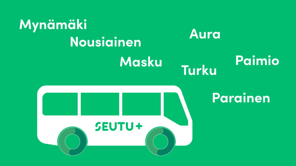 Seutu+ -palvelun piirroslogo, jossa bussin kuva ja tekstinä kuntien nimet Mynämäki, Nousiainen, Masku, Aura, Paimio, Turku ja Parainen.