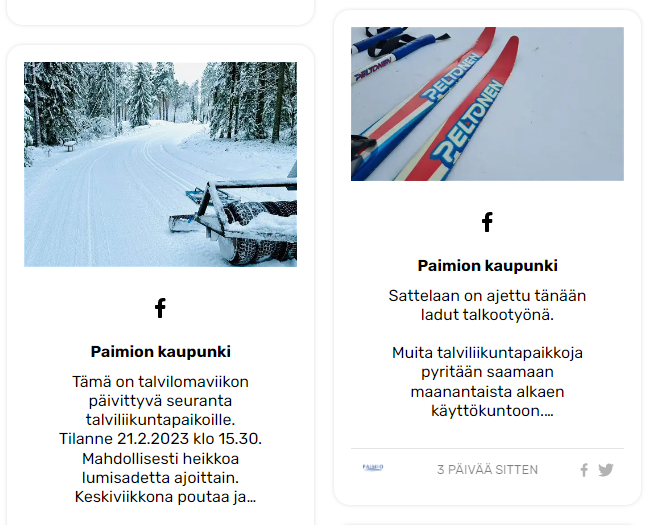 Kuvakaappaus kaupungin verkkosivujen someseinältä, jossa näkyy kaksi uutispäivitystä talviliikuntapaikkojen kunnosta.