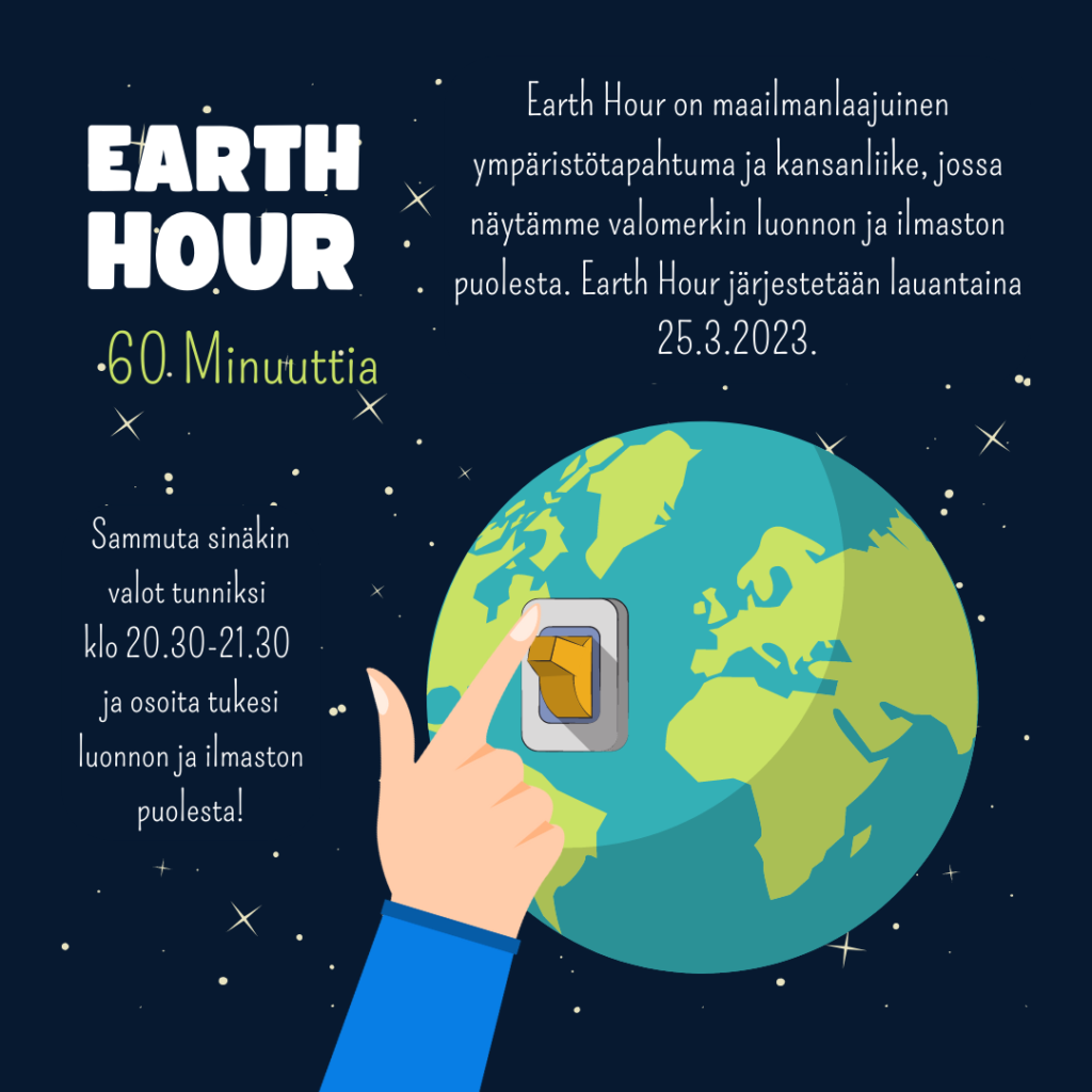 Earth hour on lauantaina 25.3.2023 kello 20.30-21.30.