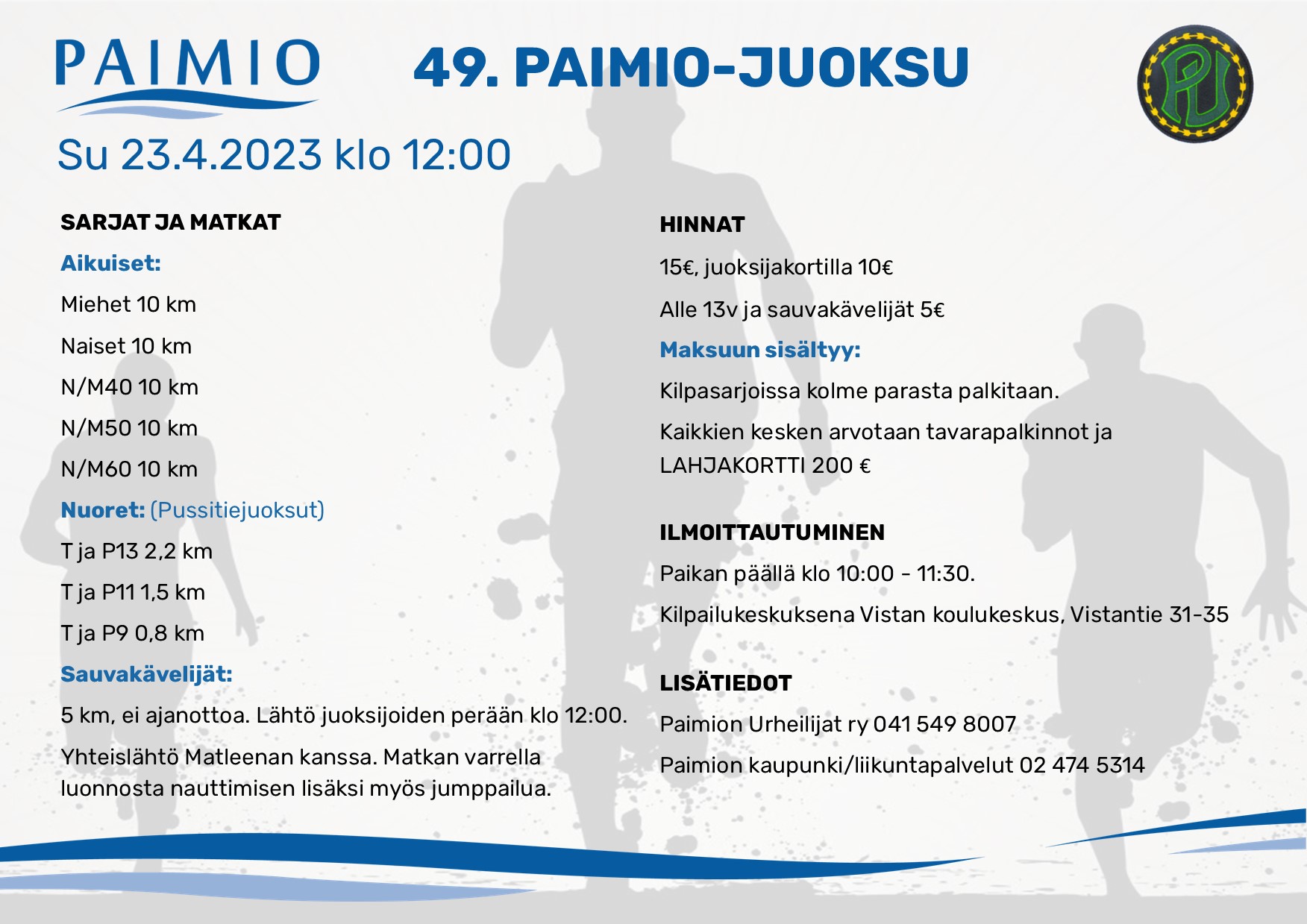 Paimio-juoksu 2023 järjestetään su 23.4.2023