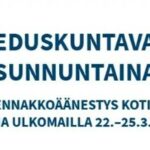 Eduskuntavaalien logo, jossa kerrotaan ennakkoäänestyspäivät 22. - 28.3. ja varsinainen äänestyspäivä 2.4.2023.