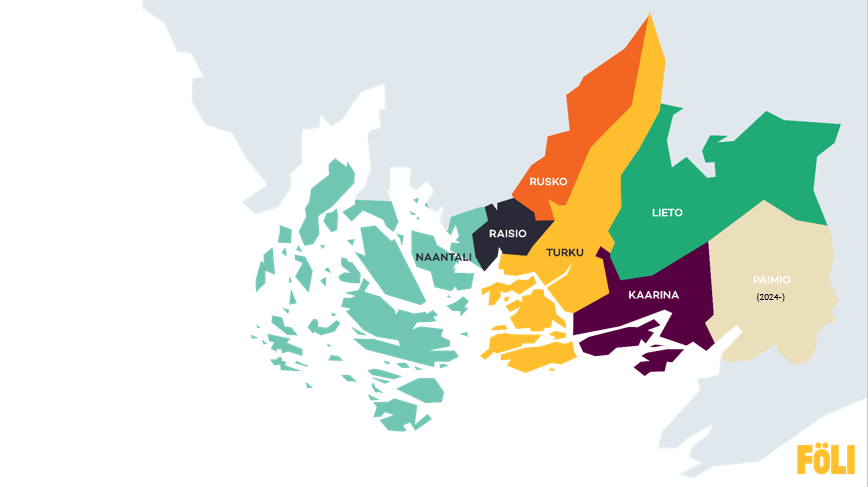 Kartta Varsinais-Suomesta, jossa näkyvät niinsanotut Föli-kunnat sekä se, että Paimio liittyy Föliin vuonna 2024.