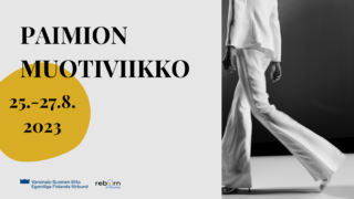 Alavartalo valkoiseen muotiasuun pukeutuneesta ihmisestä sekä teksti Paimion muotiviikko 25.-27.8.2023.