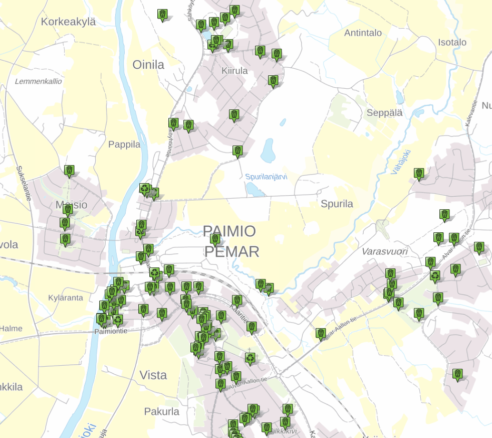 Karttakuvassa näkyy Paimion roska-astioiden sijainteja, roska-astioita on paljon.