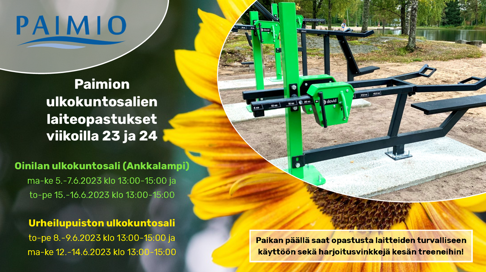 Ulkokuntosalilaitteiden opastukset urheilupuistossa ja Ankkalammella 5.-16.6.2023