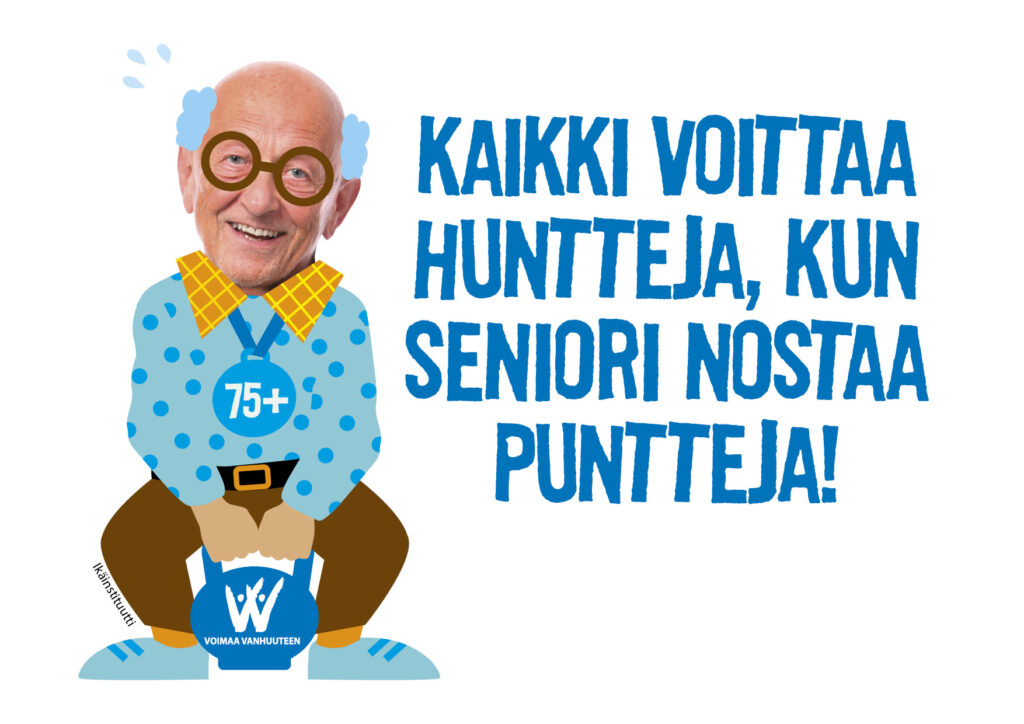 Piirroskuva yli 75-vuotiaasta, hymyilevästä miehestä joka nostaa painoja. Kuvassa teksti Kaikki voittaa huntteja, kun seniori nostaa puntteja.