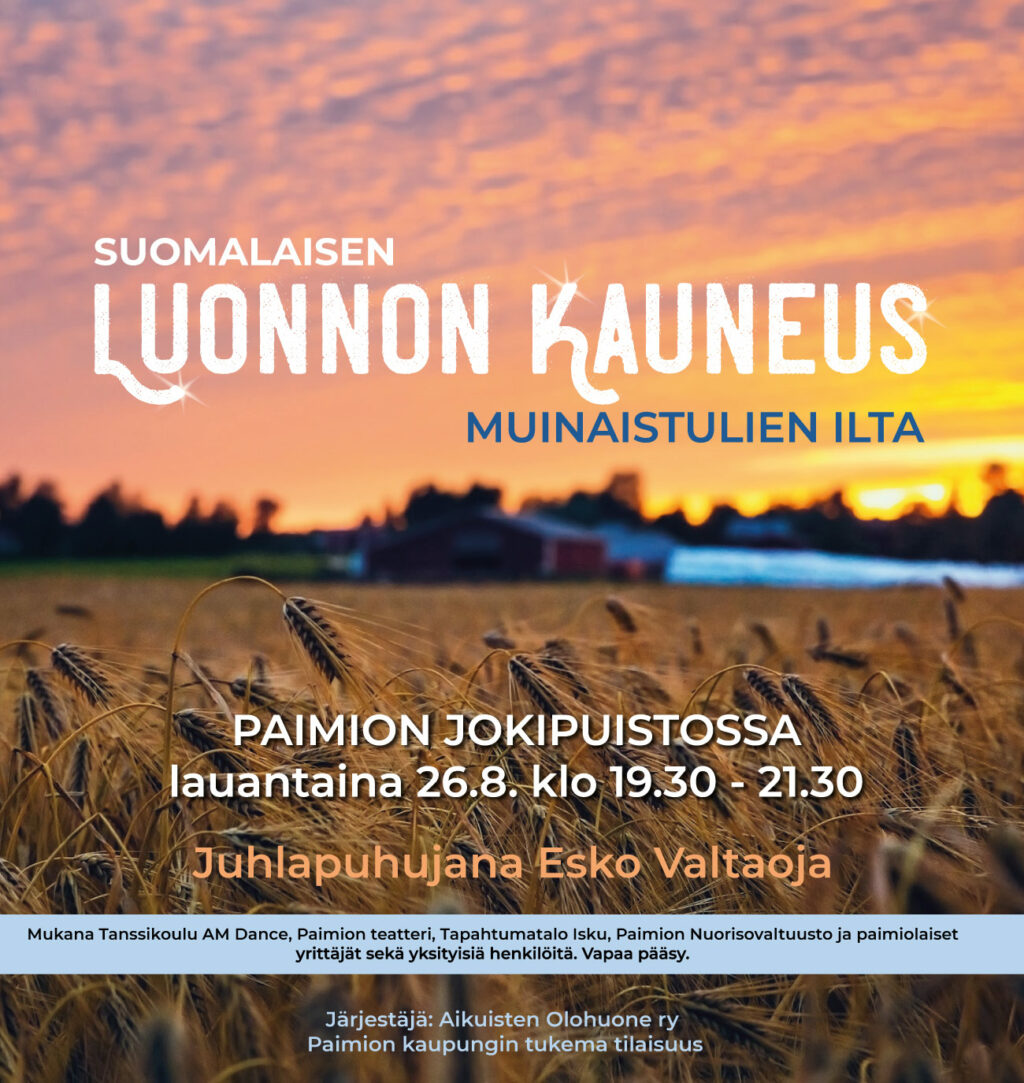 Elokuinen maisemakuva, jonka etualalla viljapelto. Pääotsikko Suomalaisen luonnon kauneus.