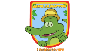 Vihreä animaatiohahmo ja teksti Aarne Alligaattori & Viidakkorumpu.