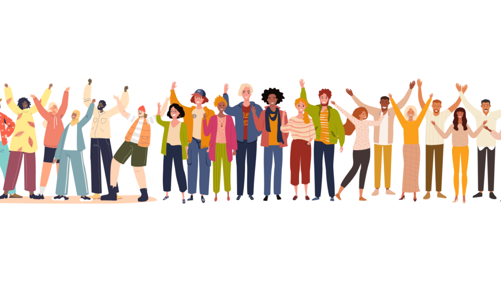 Iso joukko piirrettyjä ihmishamoja seisoo vierekkäin kädet ylhäällä.