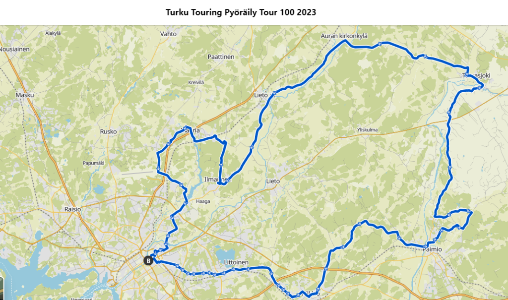 Turun seudun kartta, johon on merkitty tapahtuman 100 kilometrin pituinen reitti. 