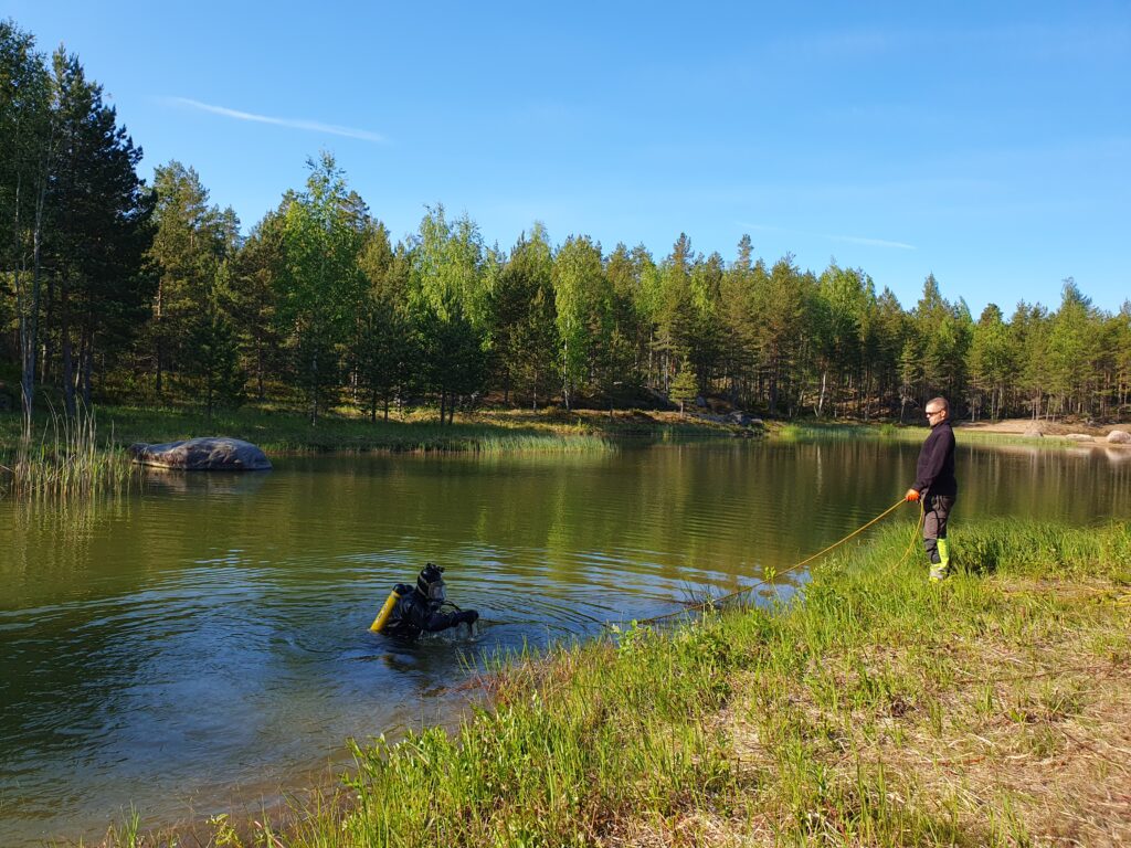 Sukeltaja poistamassa kiehkuravesiruttoa Hiekkahelmen uimalammesta.