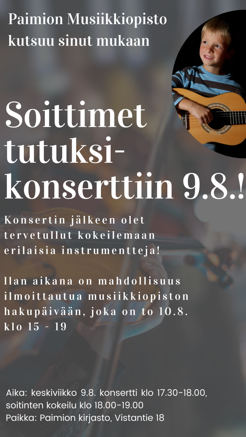 Poika ja kitara mainoksessa, joka esittelee Soittimet tutuksi -tapahtuman sisältöjä 9.8.2023 klo 17.30 Paimion kirjastossa.