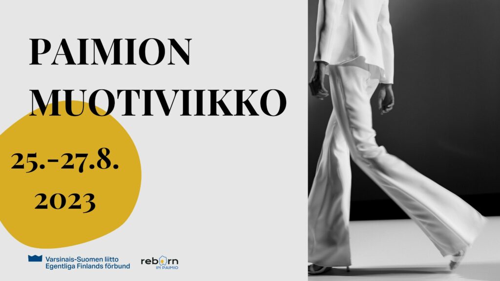 Valkoasuinen henkilö ja teksti Paimion muotiviikko 25.-27.8.