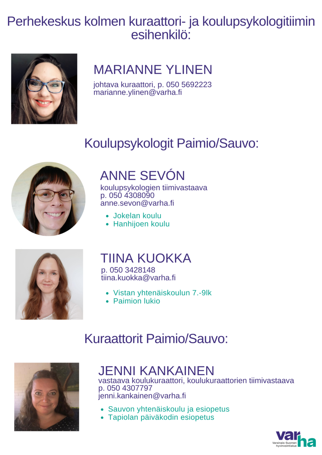 Kuraattori- ja psykologitiimin esihenkilönä toimii Marianne Ylinen. koulupsykologeina Anne Sevón ja Tiina Kuokka sekä kuraattorina Jenni Kankainen.