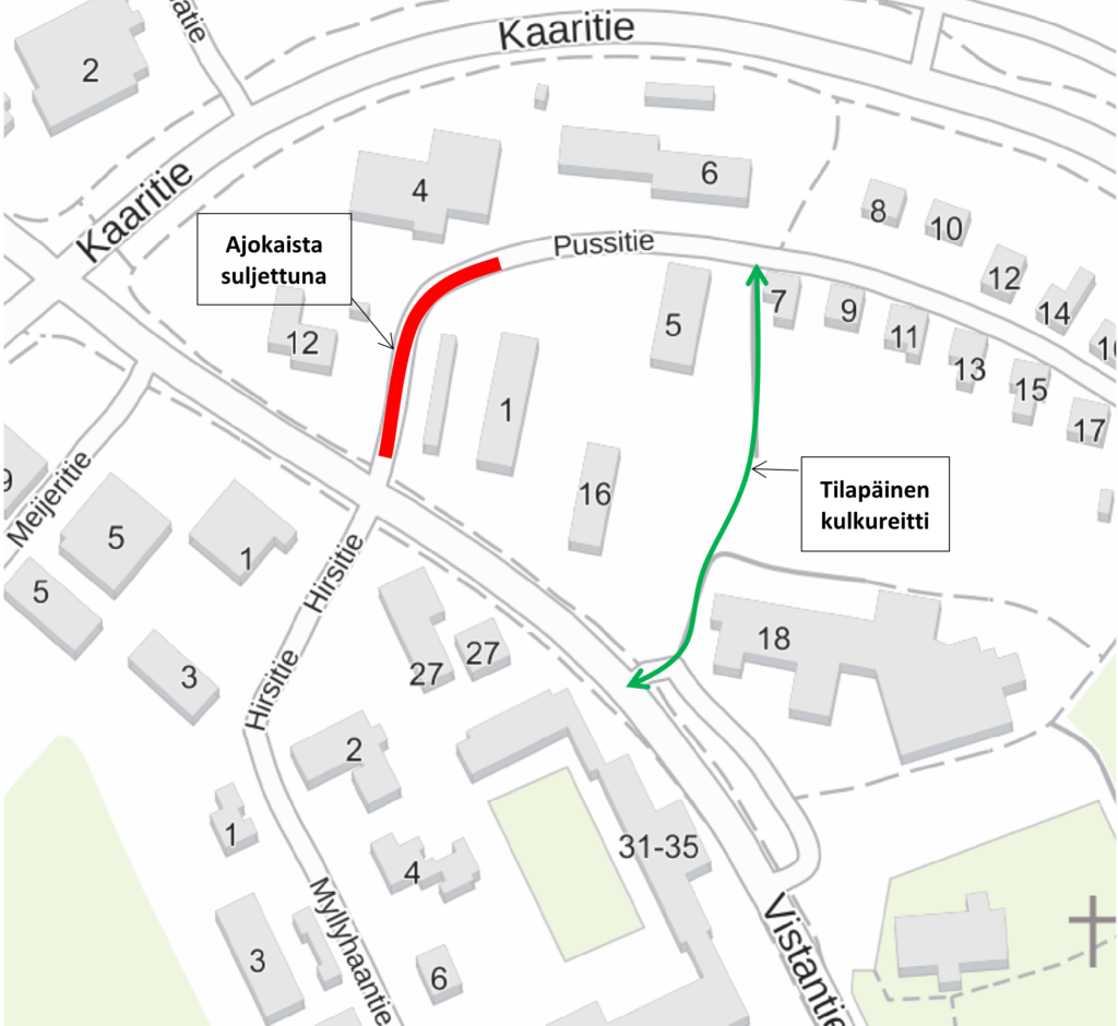 Suljettu ajokaista ja tilapäinen kulkureitti merkittynä kartalle.