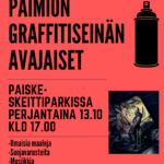 Punaisella pohjalla mustalla kirjoitettuna graffitiseinän avajaistapahtuman ohjelma, musta spray-maalipullo sekä valokuva katutaiteesta.