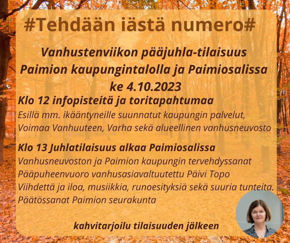 Ohjelma vanhustenviikon pääjuhla 4.10.2023.