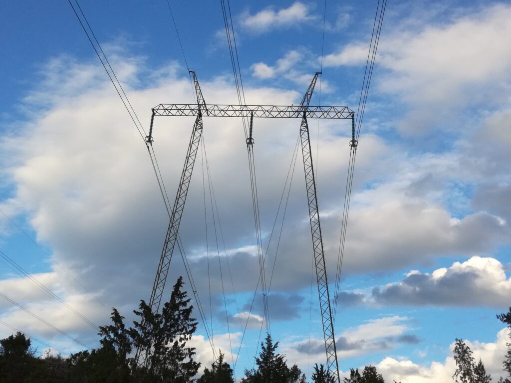 Suurjännitelinja koskee metsän keskellä - taustalla näkyy pilvipoutainen taivas.