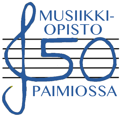 Paimion musiikkiopiston 50-vuotisjuhlalogo, jossa luku 50 ja nuottiavaina ja nuottiviivasto.