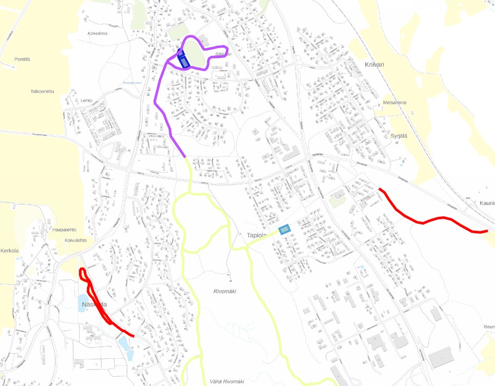 Kuvakaappaus Paimion kartasta, johon värikoodein on merkitty ulkoliikuntapaikkojen kuntotietoja.