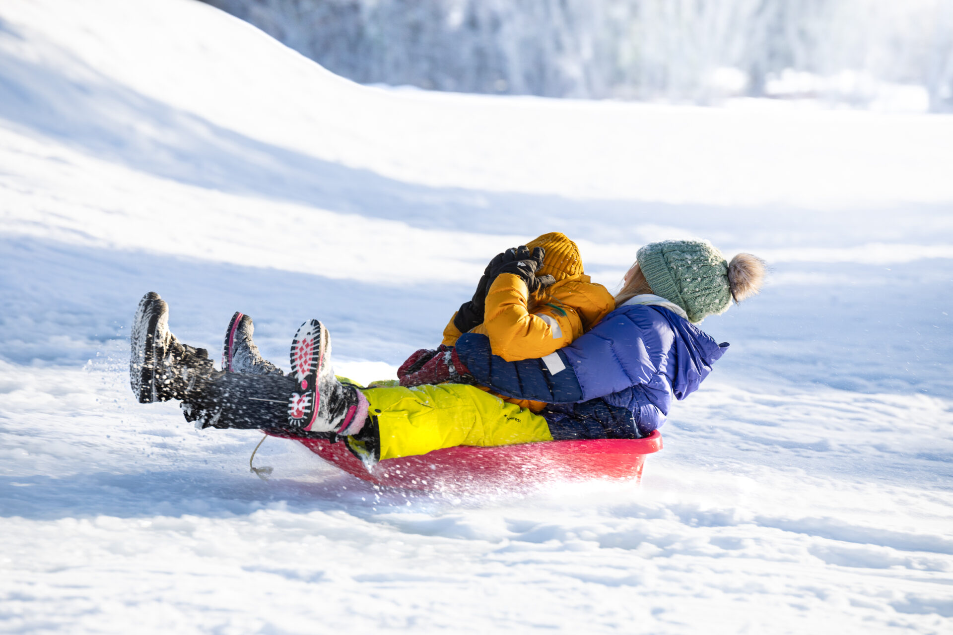 Punaisessa pulkassa kaksi ihmistä laskemassa mäkeä lumisessa maisemassa.
