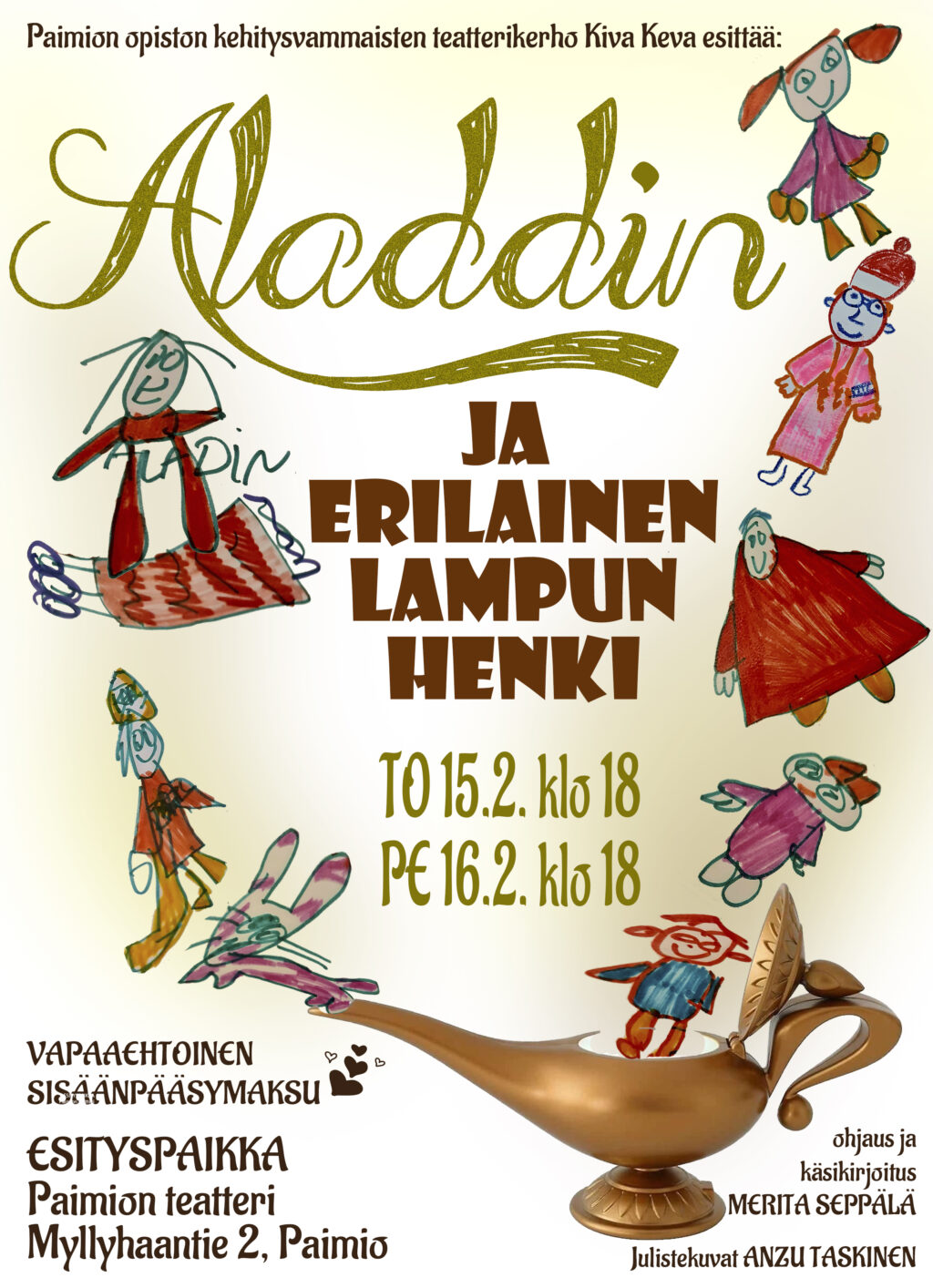 Teatterikerhon mainos esityksestä Aladdin ja erilainen lampunhenki. Kuvassa näkyy osallistujien piirtämiä hahmoja tarinasta