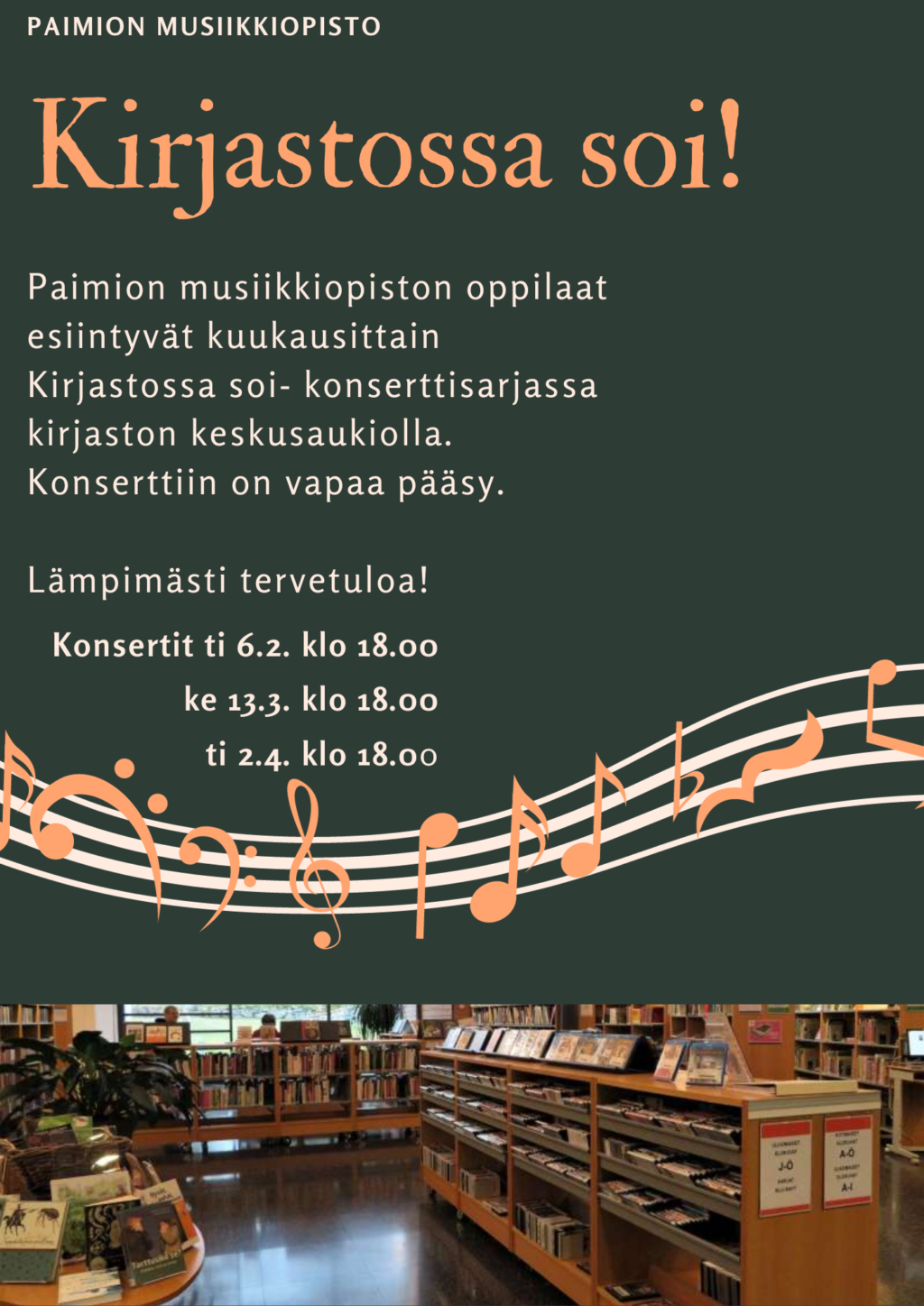 Kirjastossa soi! -konserttien mainos.