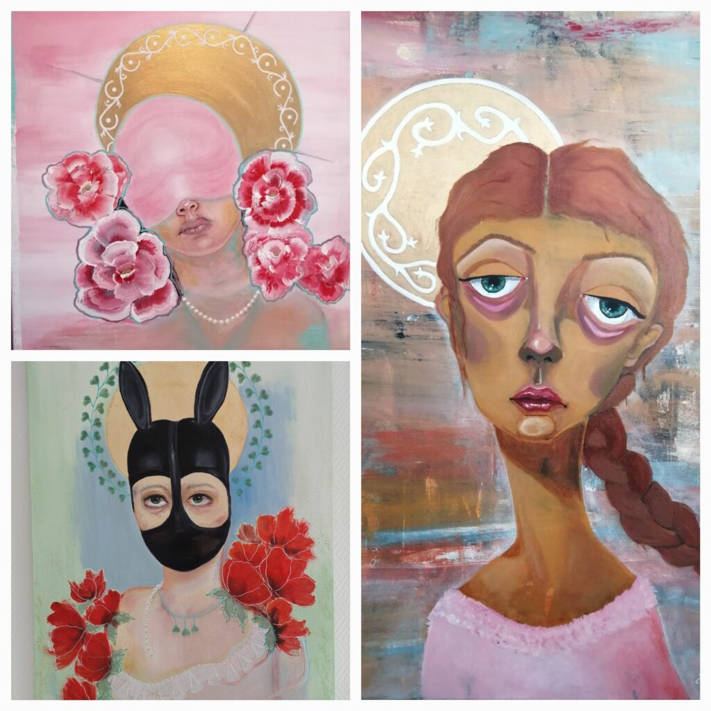 Kolme maalausta, joissa erilaisia naisia ja hahmoja esillä.