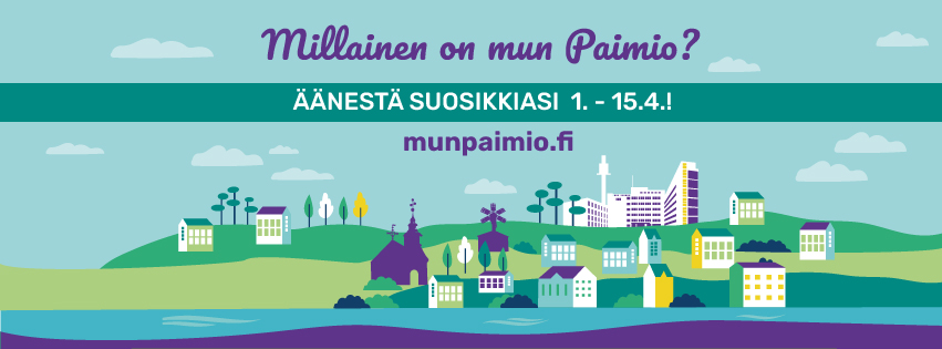 Piirroskuva, jonka tekstinä Millainen on mun Paimio? Äänestä suosikkiasi 1.-15.4.