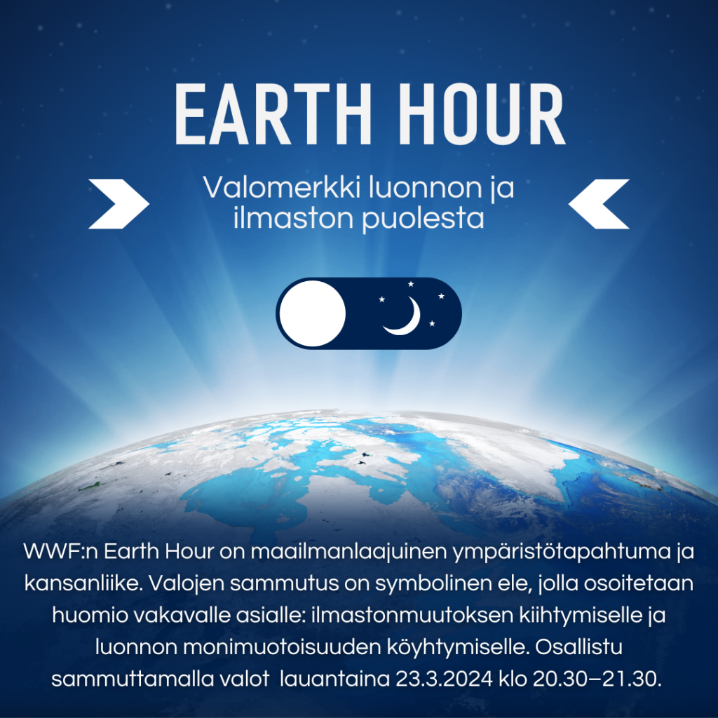 Earth Hour kuva, jossa hohtava maapallo ja valojen sammutus merkki.