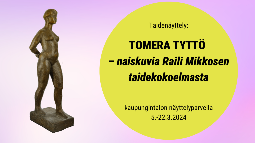 Naisaiheinen pronssipatsas violetilla taustalla.