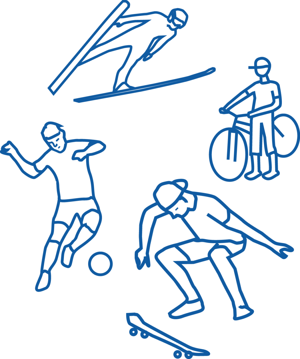 Piirroskuvat mäkihyppääjästä, pyöräilijästä, jalkapalloilijasta ja skeittaajasta.