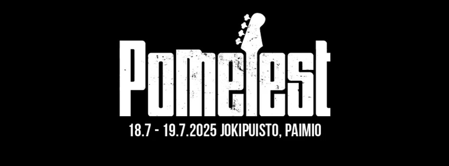 Tummalla taustalla Pomefestin logo, joss f-kirjain on kitaran varsi. Lisäksi tiedot vuoden 2025 tapahtumapäivistä.