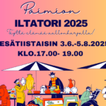 Piirroskuvassa näkymä torimynnistä kojuinen ja asiakkaineen. Lisäksi teksti Paimion iltatori 2025 kesätiistaisin 3.6. - 5.8.2025 klo 17 - 19.