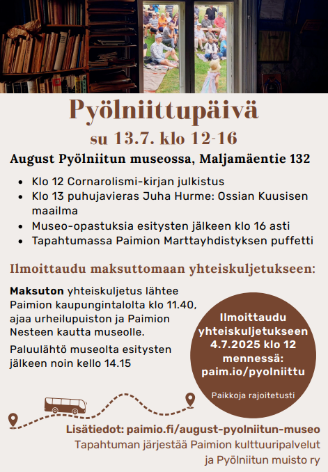 Ylhäällä näkymä ulos ikkunasta, josta näkyy runsaasti ihmisiä. Alempana piirroskuva autosta, joka kulkee mutkittelevaa tietä pitkin