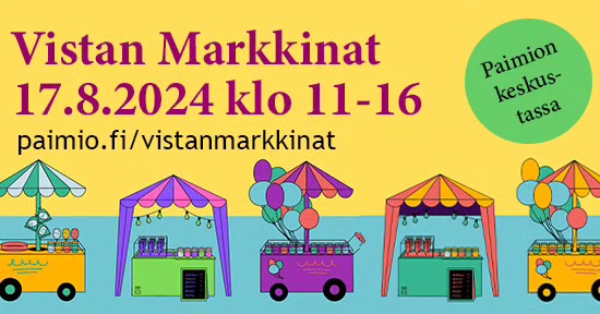 Piirroskuvassa eirilaisia myyntikojuja ja teksti Vistan markkinat 17.8.2024 klo 11 - 16.