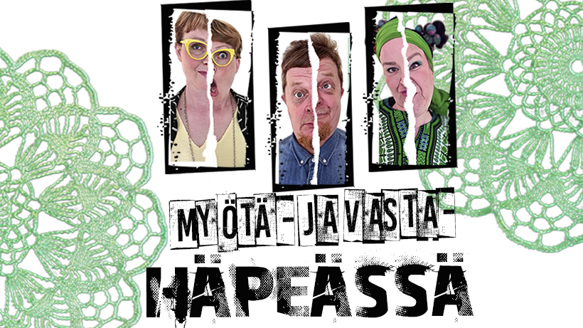 kolmen ihmisen irralliset kuvat ja katkenneet keskeltä kahtia. Lisäksi teksti Myötä- ja vastahäpeässä.